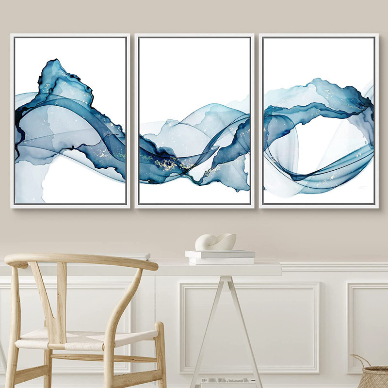 «Vibrant Pastel Smoke Waves Abstract Landscape Minimalist Wall Art», ensemble de 3 toiles encadrées, H 36 po x l 72 po, Blanc