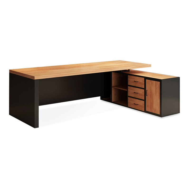 Bureau brun et noir rectangulaire en bois massif + fer avec 3 tiroirs, H 29,53 po x l 94,49 po x P 62,99 po