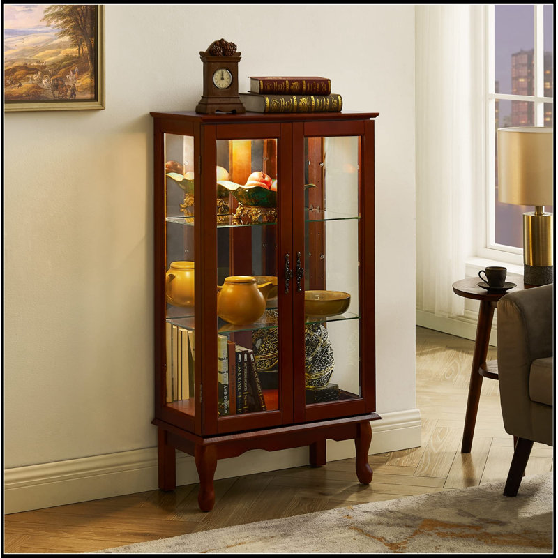 Lighted Diapaly Cabinet with Adjustable Shelves and Double Glass Doors, Cherry