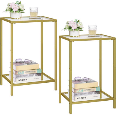 Side Tables Set Of 2, End Tables With Tempered Glass, 2-Tier Nightstands With Storage Shelves, Coffee Table With Modern Style, Slim Sofa Table，Black