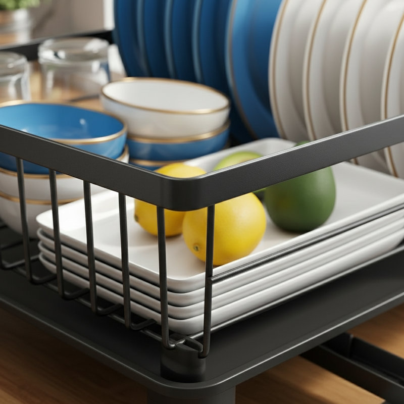 Stainless Steel Dish Drying Rack with Utensil Holder & Drainboard, 11” x 15”, Black