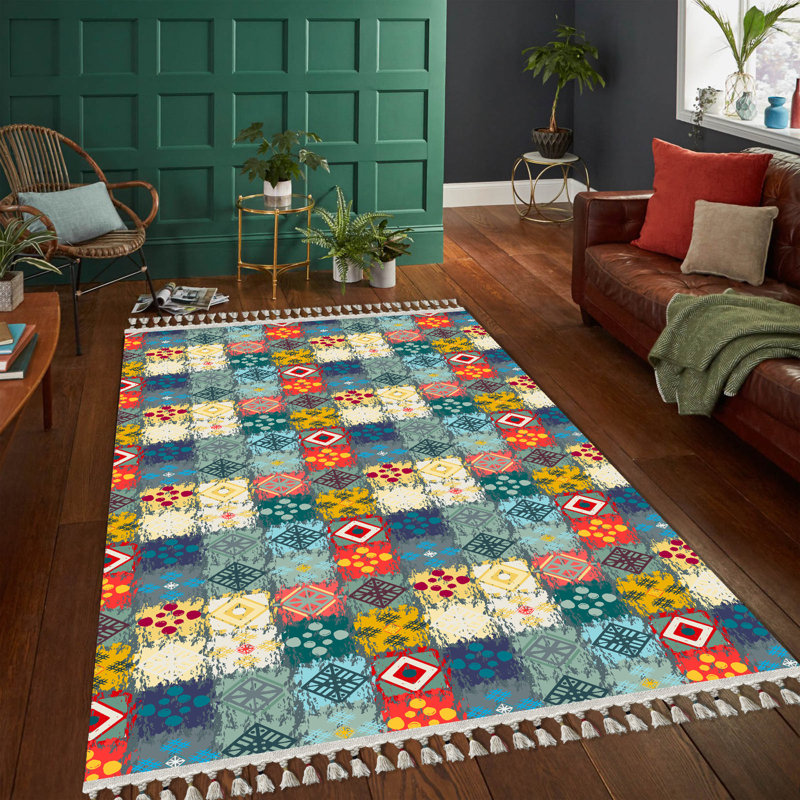 Tapis bleu / jaune / rouge en coton touffeté à la machine Mayra, Rectangle 3 pi 11 po x 3 pi 3 po