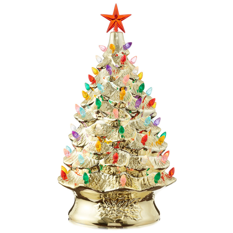 Arbre de Noël en céramique peint à la main 24 po, arbre illuminé avec étoile, Or