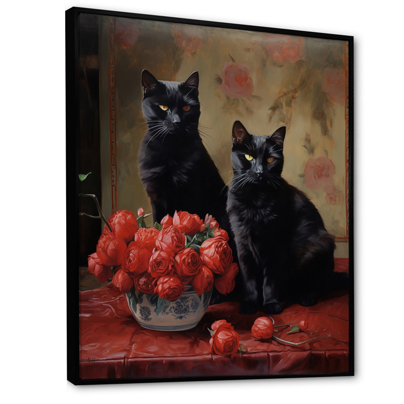 Deux chats noirs avec roses rouges, reproduction d'art sur toile I, H 40 po x l 30 po x P 1,5 po, Cadre flottant noir