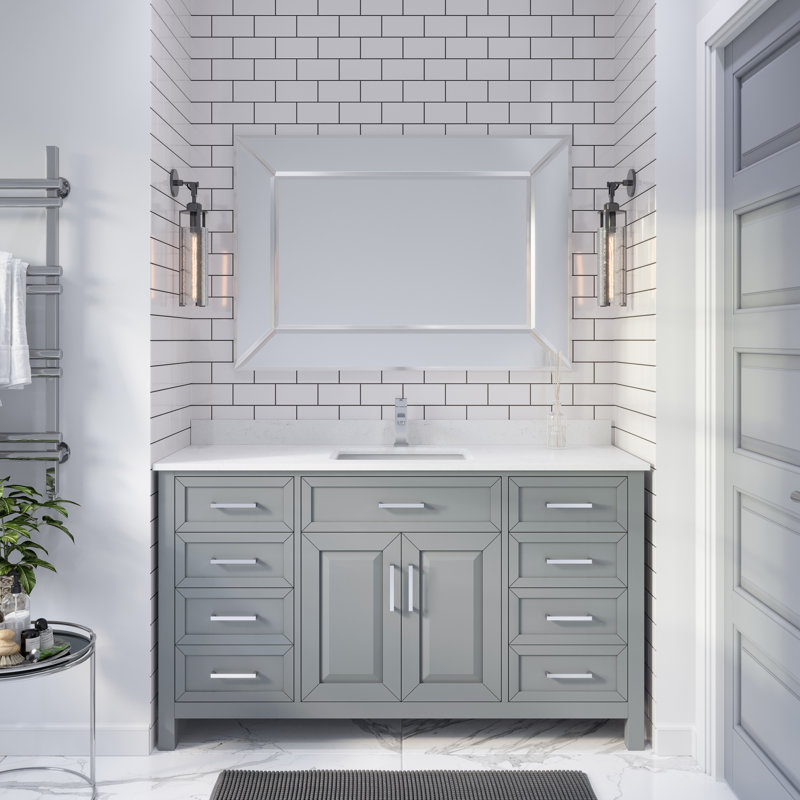 Terrence Oxford Gray 60" W x 22" D Single Sink Bathroom Vanity with Power Bar & USB Outlet, Engineered Stone Top, Drawer Organizer, Undermount Ceramic Sink 