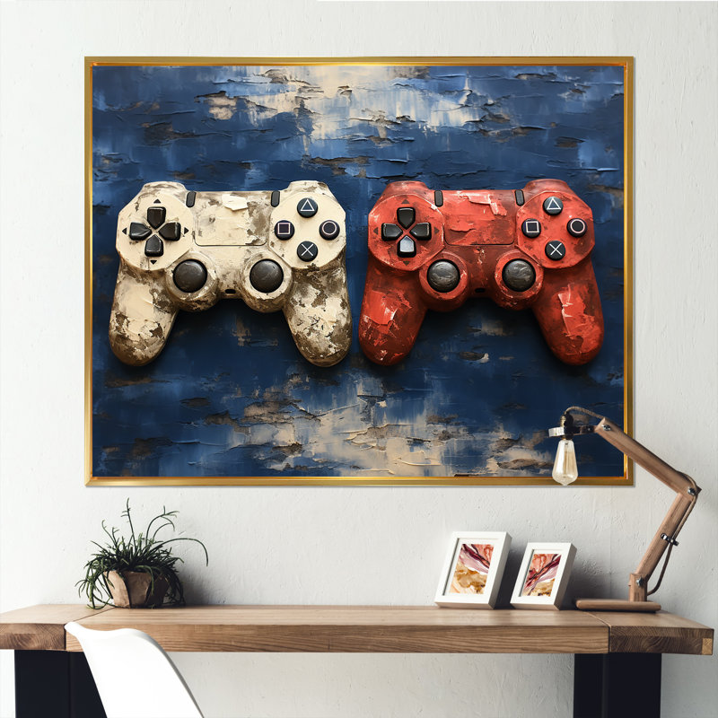 White and Red Ps Video Game Controllers - Art mural de jeux vidéo, Cadre flottant doré, H 34 po x l 44 po x P 1,5 po