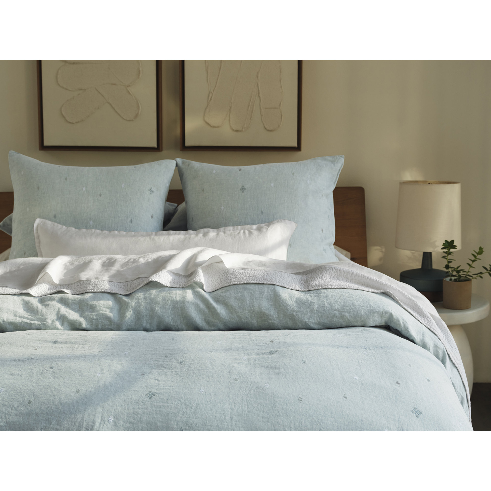 Cambria Belgian Flax Linen Duvet Cover, King Duvet Cover, Pacific Blue Chambray w/ Multi