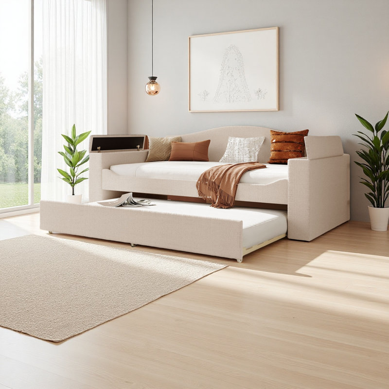 Lit de jour simple rembourré avec accoudoirs de rangement, lit gigogne et dernier système audio Bluetooth intégré, molleton Teddy