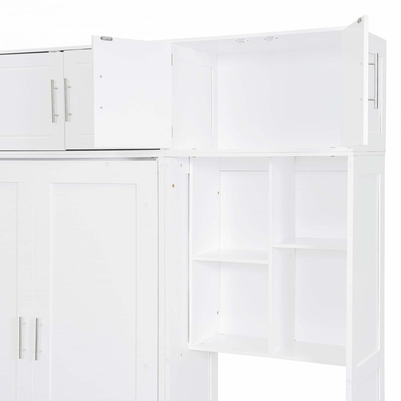 Lit escamotable mural avec bureau, armoire supérieure et tablettes de rangement, Double, Blanc