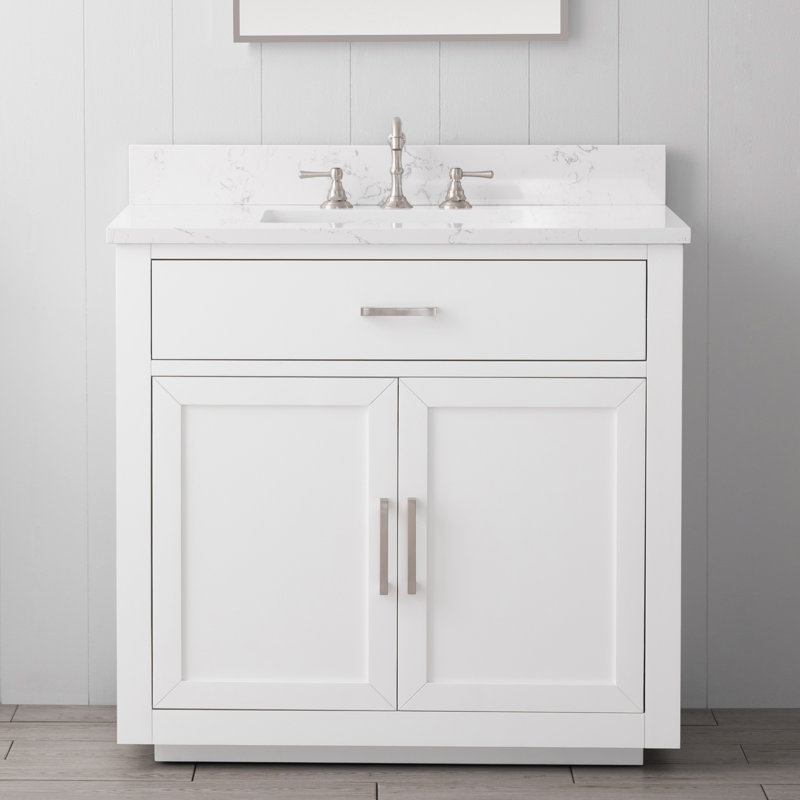 Ingalls 36'' Freestanding Single Bathroom Vanity with  Engineered Stone Top, White, Soft Carrara White