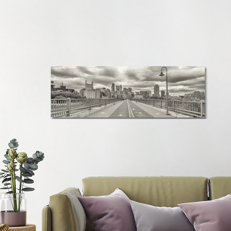 Stone Arch Bridge with Buildings in the Background, Mill District, Upper Midwest, Minneapolis, Hennepin County, Minnesota, USA 1 Piece Wrapped Canvas Panoramic Wall Art