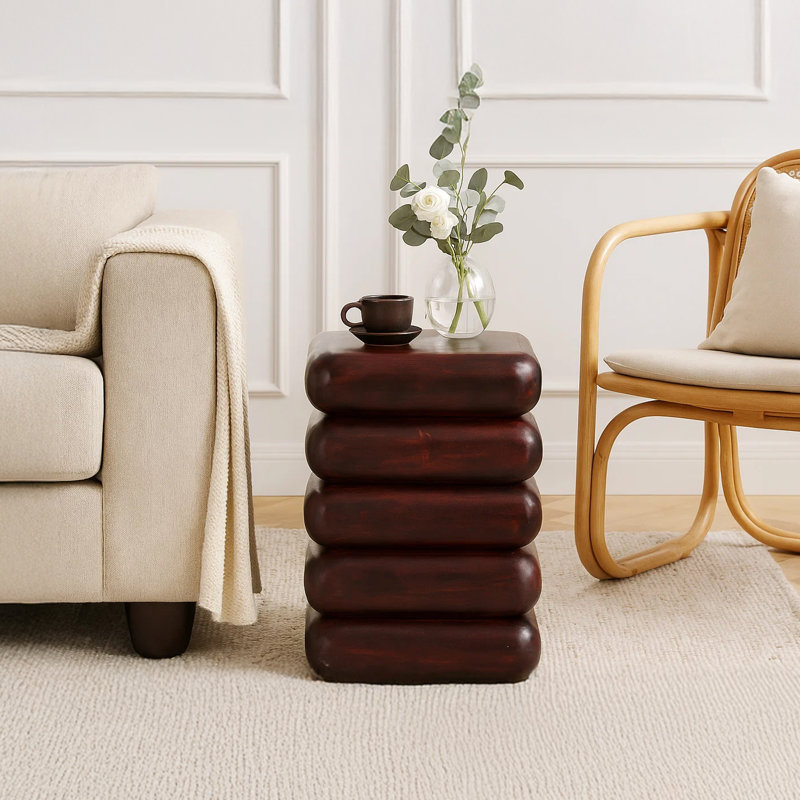 Zyra 18" Modern Acacia Wood Side End Table with Sculptural Stacked Design in Dark Cherry Brown, Dark Cherry Brown