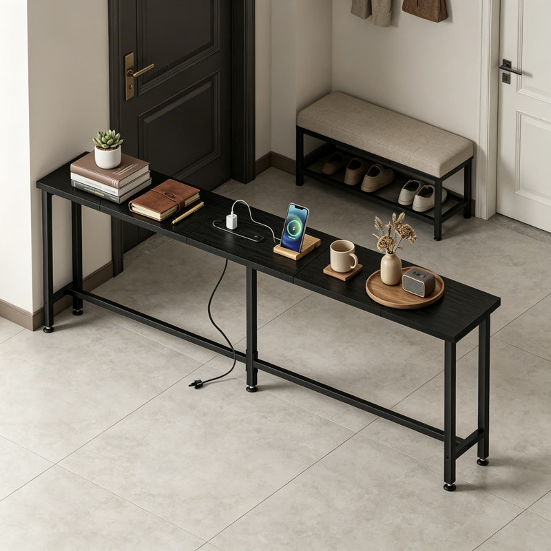 Sofa Table With Charging Station - Narrow Console Table With Built-In Outlets (2 AC & 2 USB) For Behind Couch, Entryway, Or Hallway, Heavy Duty Metal Frame With Leveling Feet