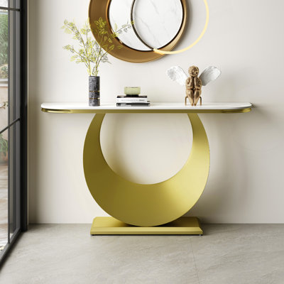 Demi-console de qualité supérieure avec plateau en faux marbre et base en métal doré robuste