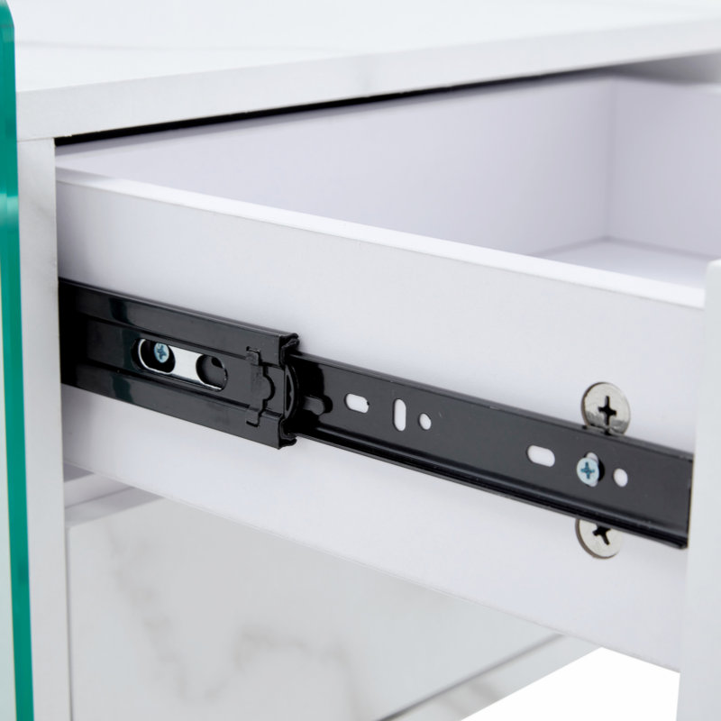 Double-Drawer Bedside Table. The Board Surface Is MDF Sticker, And Both Sides Are Transparent Tempered Glass. The Design Is Simple And Elegant, With Excellent Storage Functions.