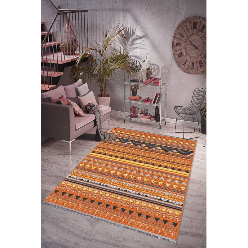 Ethnic Pattern Orange Machine Washable Rug, Rectangle 3'11" x 5'11" Rug Pad Included