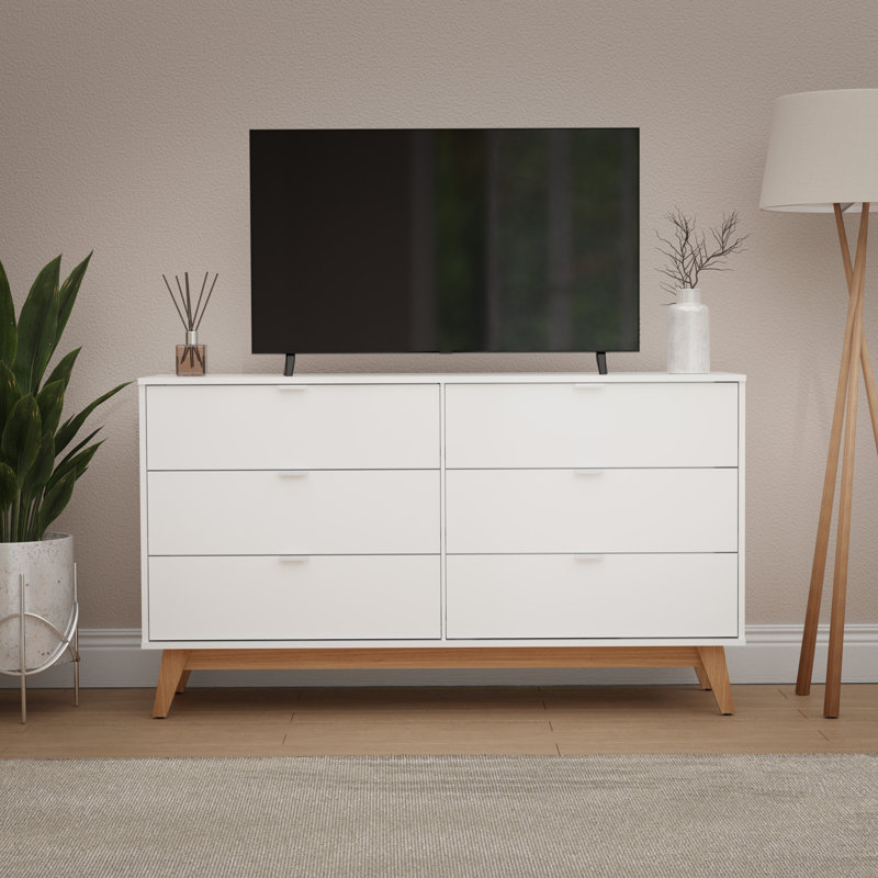 Ahmed 57.08"W 6-Drawer Dresser with Aluminum Handles,  White/Light Brown