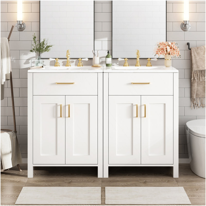 Meuble-lavabo moderne de 48 pouces avec lavabo en céramique, portes à fermeture en douceur, tiroir rabattable, tablettes de porte à double couche, solution de rangement élégante