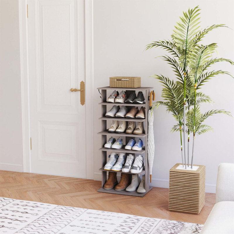 7-Tier Vertical Shoe Organizer With Hooks, Space-Saving Entryway Storage For 12-14 Pairs, Easy Assembly, Rustic Grey Finish