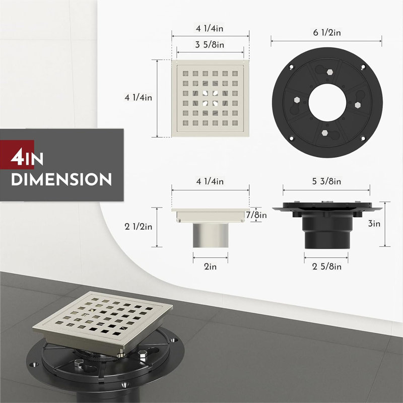 4-Inch Square Shower Floor Drain, Quadrato Pattern Grate，Kswhy0004Rs, Brushed Nickel