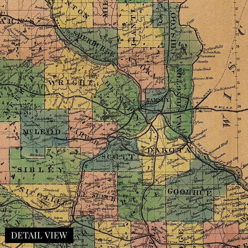 «1874 Minnesota Map», art mural, H 24 po x l 20 po x P 0,1 po