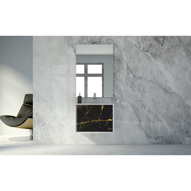 Base de meuble-lavabo double mural 27,6 po Walbrook seulement, Blanc mat / noir / or