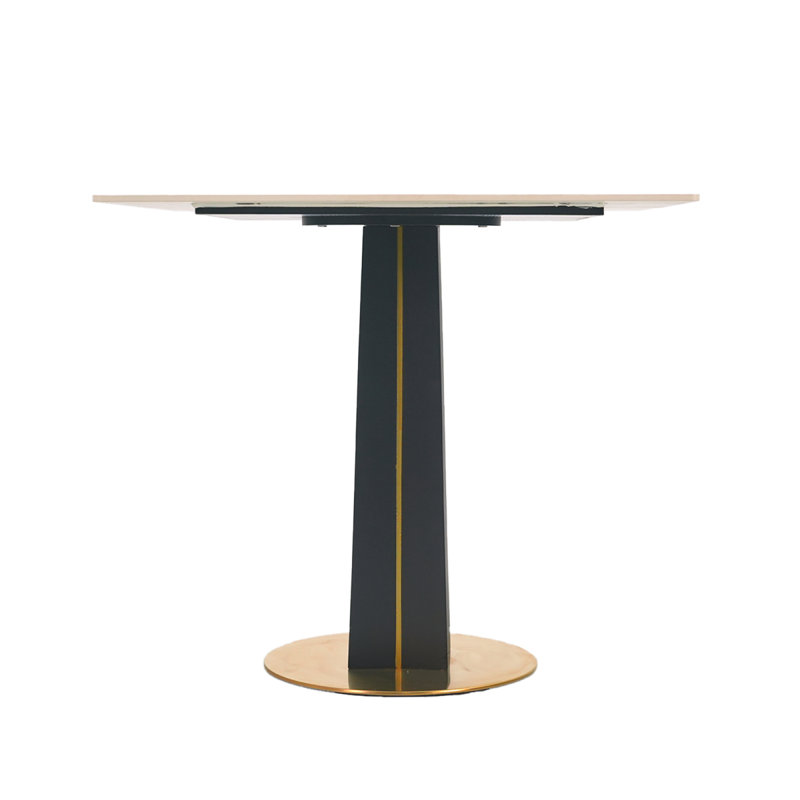Table carrée en bois fritté blanc de 85 cm avec pieds en bois noirs et base en métal doré, plateau en bois, Brun / Blanc