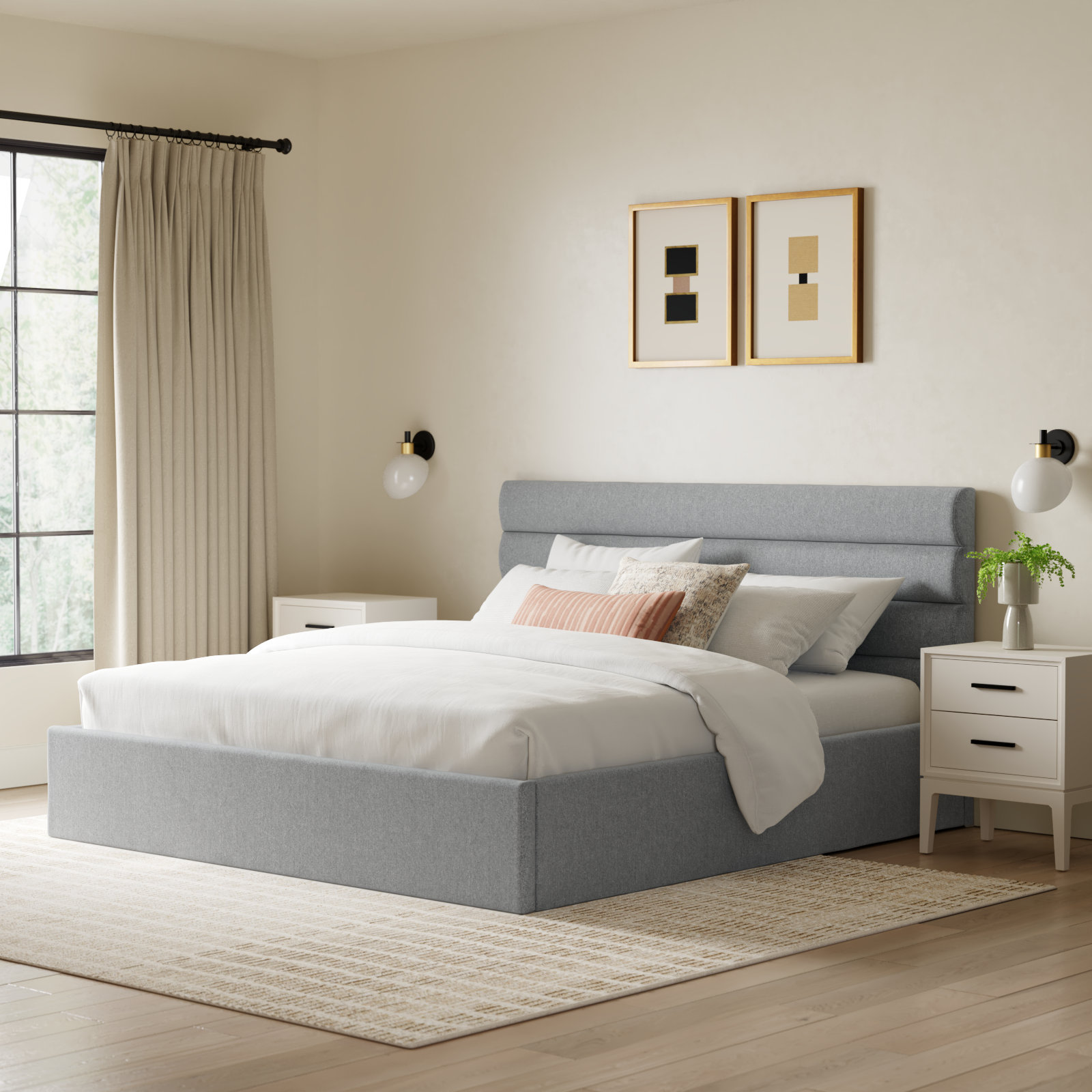 Ruma Linen Upholstered Bed, King, Light Gray