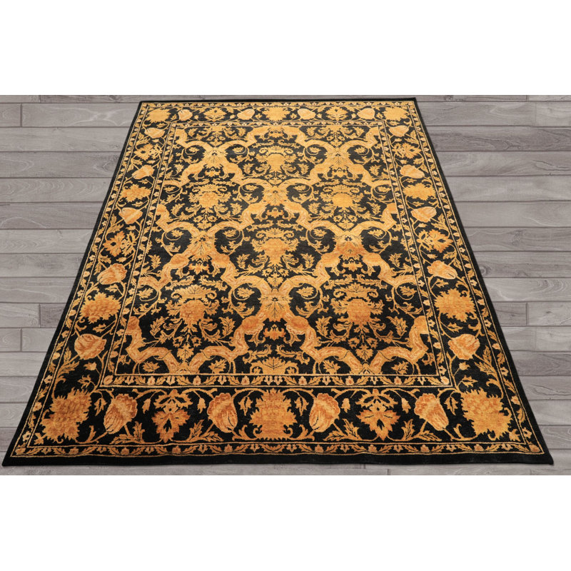 Tapis tibétain noué à la main en laine noire et beige de style transitionnel, 2,69 m x 3,28 m
