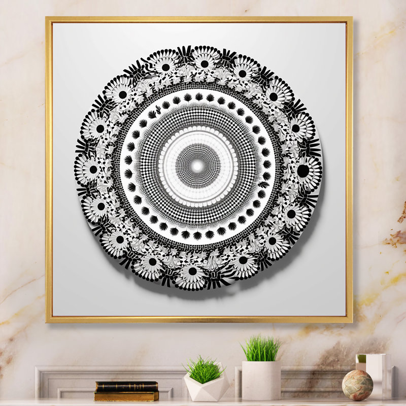 Mandala sacré en rétro noir et blanc sur toile, H 16 po x l 16 po, Cadre flottant doré