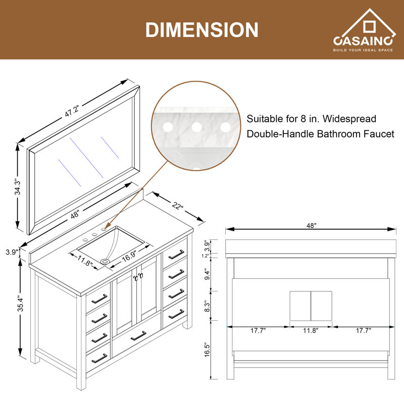 22 po P 35,4 po Meuble-lavabo blanc en H avec miroir, Bleu foncé