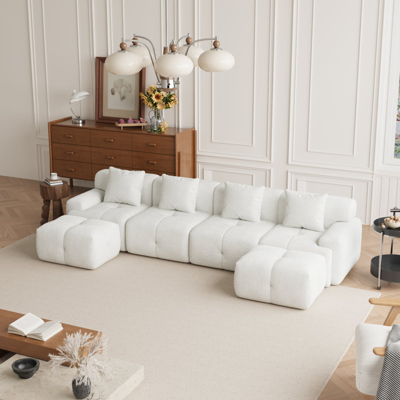 Canapé modulaire rembourré et rembourré en forme de U 6 pièces avec deux repose-pieds Boneless, Tissu ivoire
