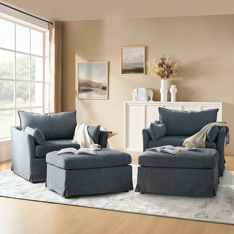 Myesheia 45"W Farmhouse Oversized Slipcovered Armchair With Ottoman and Casters, Blue Polyester