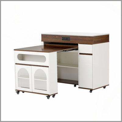 Extendable Dining Table With Extra-Long Folding Top, Rolling Kitchen Island With Drawers, Power Outlet And Brake Lock, Storage Cabinet For Kitchen And