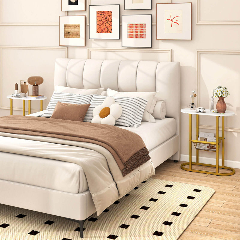 Table de bout 2 pièces avec plateau en faux marbre et porte-revues Cadre en métal robuste blanc, 2
