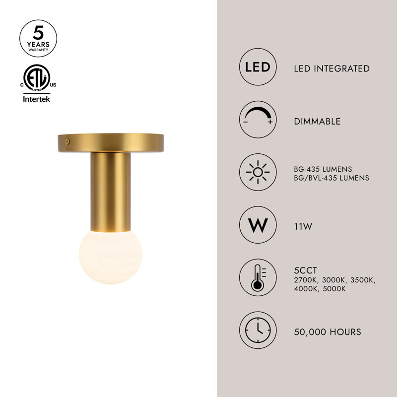 1 - Light LED Semi Flush Mount, Brushed Gold/Black Vegan Leather