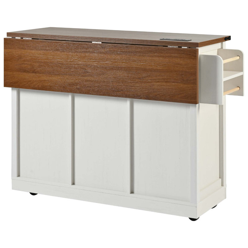 53.7" Farmhouse Kitchen Island With Power Outlet, Drop Leaf, Spice Rack & Sliding Barn Doors – Rolling Storage Cart On Wheels