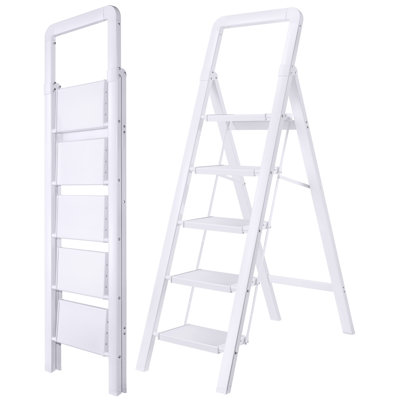 Escabeau pliant en aluminium à 5 marches, capacité de 330 lb, pédale large antidérapante, marchepied pliable léger pour cuisine à domicile - blanc