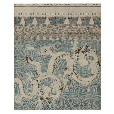 Distressed Dragon Rug In Blue, Gray & Black Pictorials By Rug & Kilim