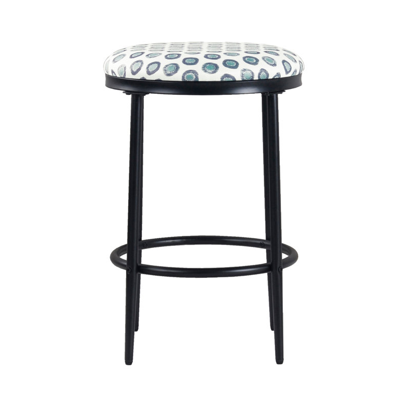 Tabouret à hauteur de comptoir sans dossier Nion, métal noir, imprimé médaillon, Pois blanc / bleu