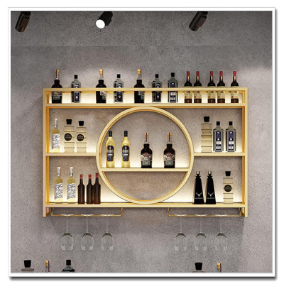 Gold Metal Wall Mounted Wine Rack - With Glass Holder & Liquor Shelves, Mini Bar Display For Kitchen/Dining Room/Bar by Wrought Studio