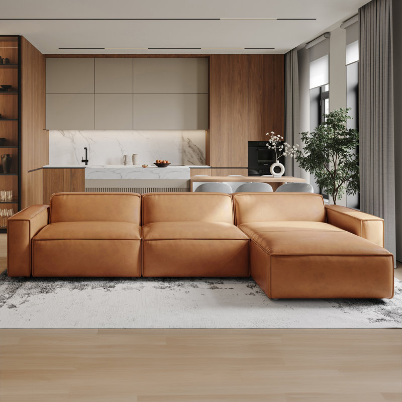 Canapé modulaire en cuir Hamall Nathan, Cuir véritable brun, Orienté à droite