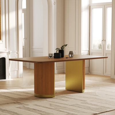 Table de salle à manger 78 pouces en bois de noyer massif avec double conception cannelée et base en or brossé