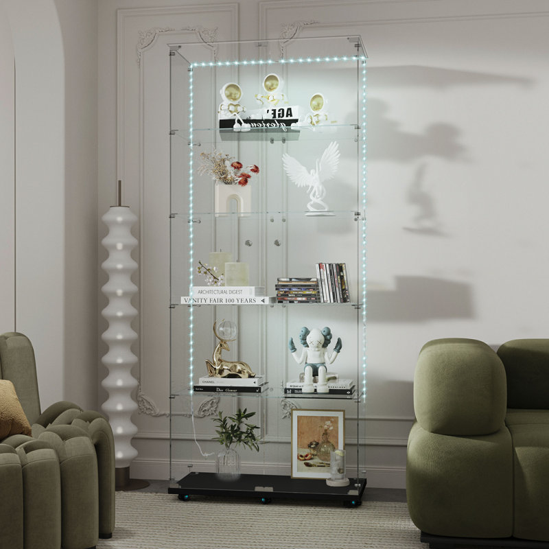 Tempered Glass Display Cabinet with Bluetooth LED Strip, 74.61" Tall White Showcase with Lockable Casters and Music Sync Light, 4-Shelf Glass Curio Cabinet for Collectibles and Figures