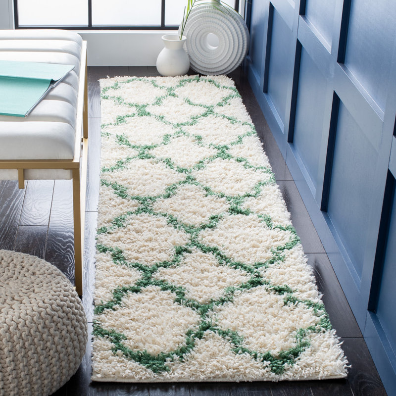 Suez Geometric Ivory/Green Area Rug, Runner 2'2" x 8'