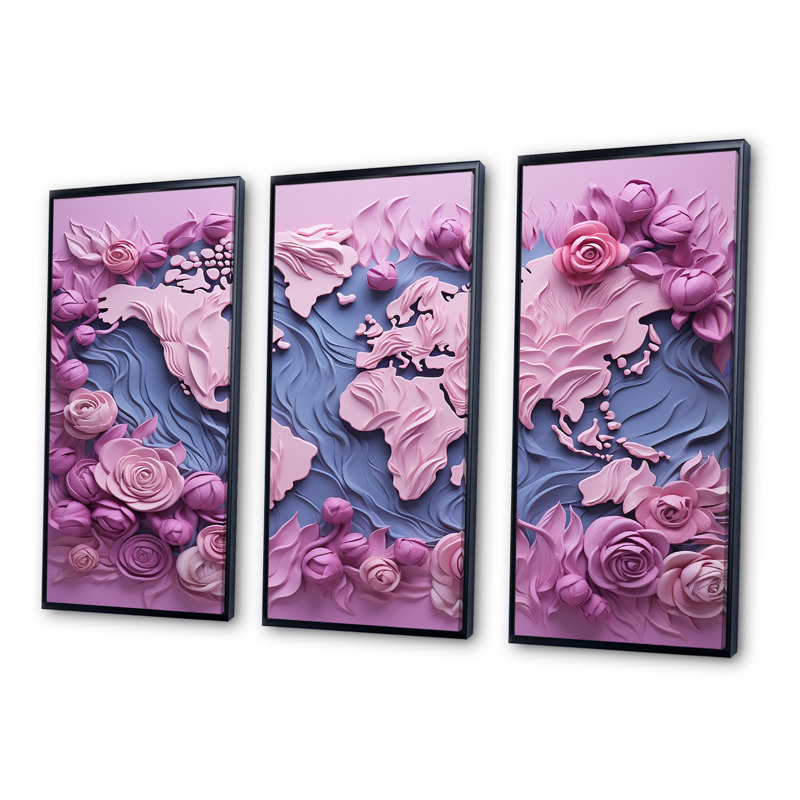 «Pink Whimsical Waters World Map I», ensemble d'art mural sur toile carte du monde, Cadre flottant noir