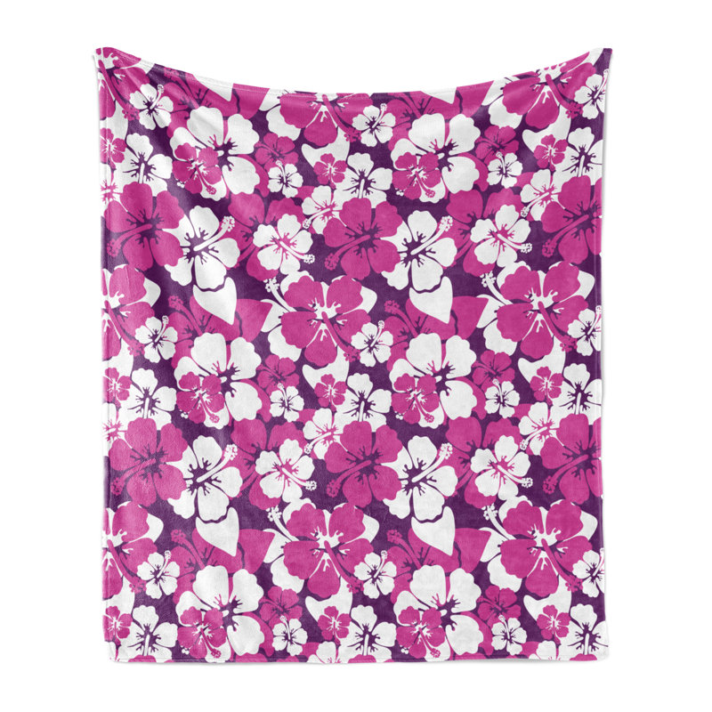 Ambesonne Violet Fleece Throw Blanket Graphical Hibiscus Art, 50" W x 70" L