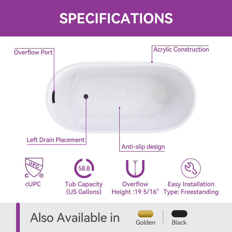 59 in. x 27.6 in. Soaking Bathtub with Side Drain in White/Golden