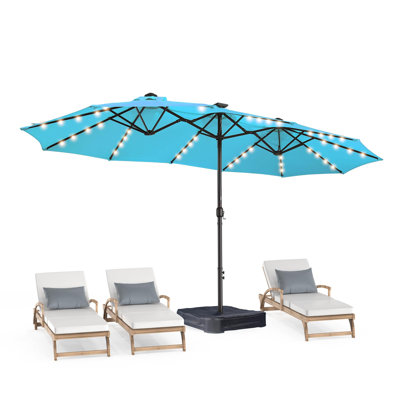 180'' x 108'' Rectangular Lighted Market Umbrella,15ft Large Double Sided Patio Umbrella with 48 Solar LED Lights & Base Included, Heavy Duty Market Table Umbrella with 220gsm Fade-Resistant Canopy