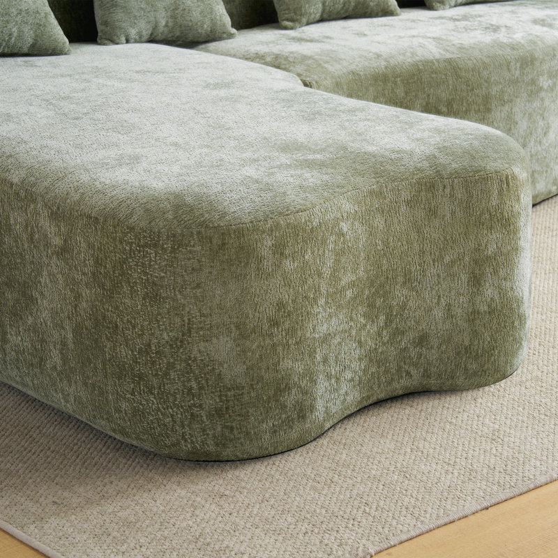 Canapé modulaire en L vert à compression complète - méridienne incurvée, tissu chenille, haute densité, Vert